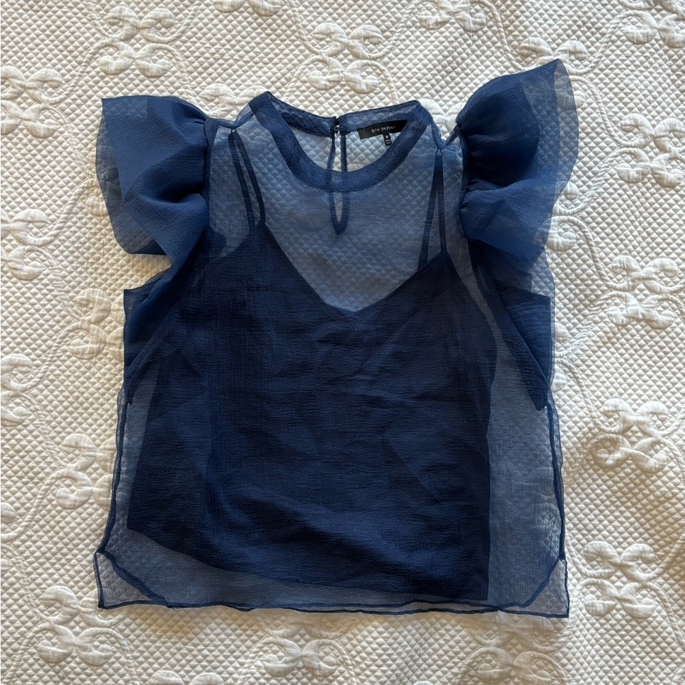 Blu Pepper Navy Sheer Blouse with Ruffled Sleeves, size M